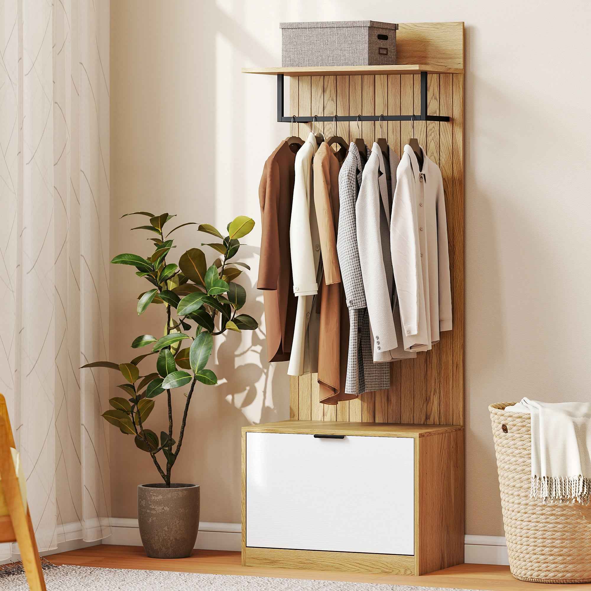 HOMCOM Hallway Furniture with Bench, Shoe Rack and Coat Rack with 4 Hooks, 60x30x170 cm, Oak and White