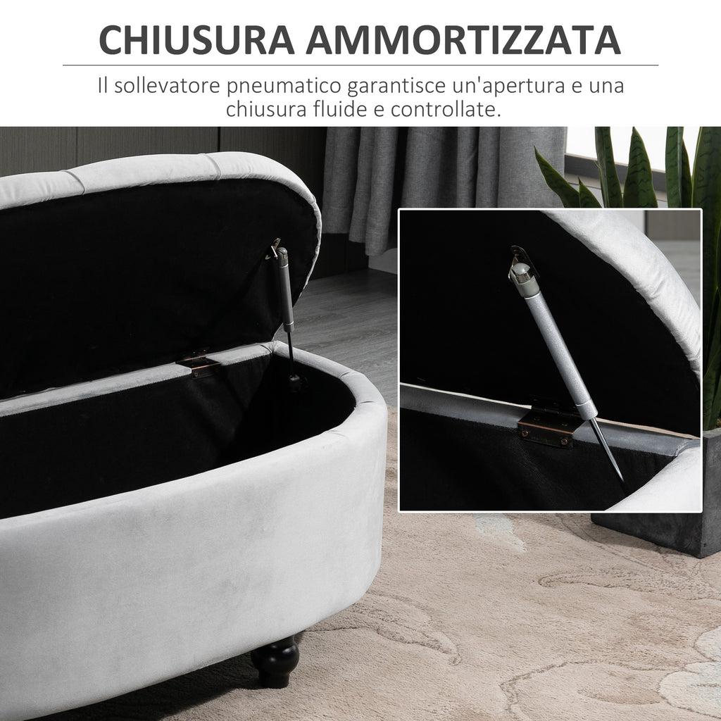 Padded Semicircle Bedside Storage Bench, Velvet and Wood, 120x46x42 cm, Light Grey