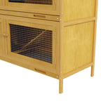 PawHut 2-Tier Rabbit Hutch in Fir Wood and Tar with Ramp, 2 Removable Trays, 4 Doors, 97x44x91 cm, Yellow
