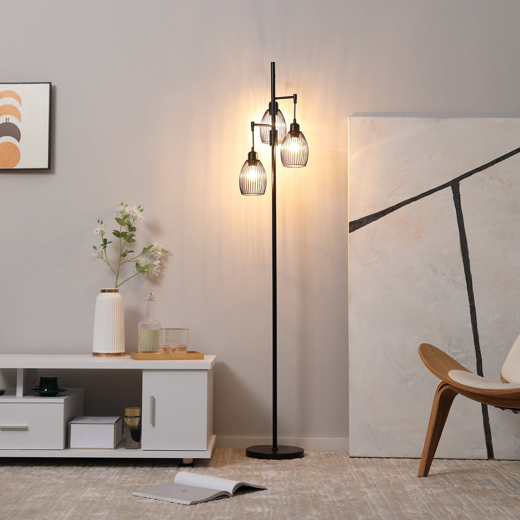 Industrial Floor Lamp with 3 Lampshades and Adjustable Dimmer, Steel, 30x30x170.5 cm, Black