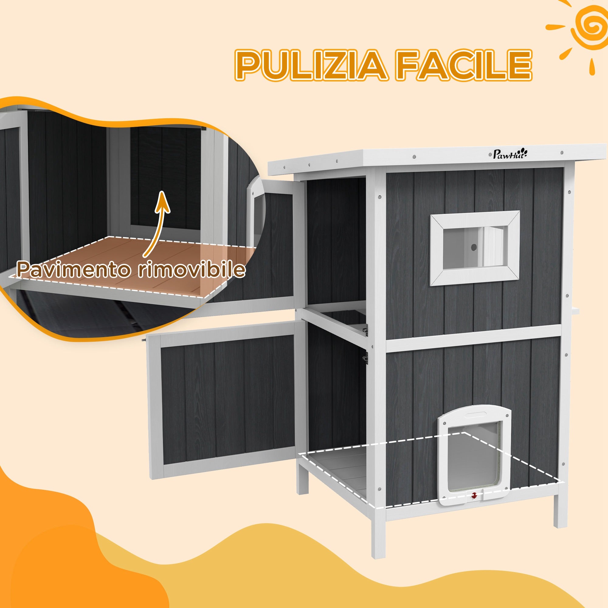 2-Tier Outdoor Wooden Cat Kennel with Asphalt Roof and 4 Doors, 60x60x90.5cm, Gray - Borgè