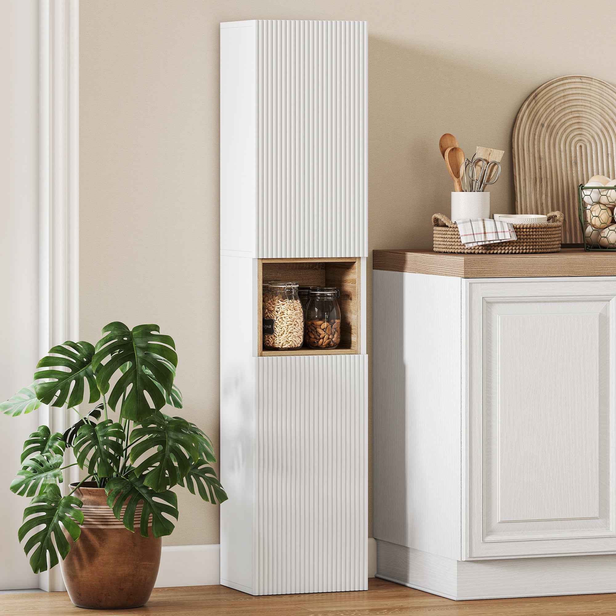 HOMCOM 2-Door Bathroom Cabinet with Open Space and Adjustable Shelves, Wooden, 30x24x140 cm, White