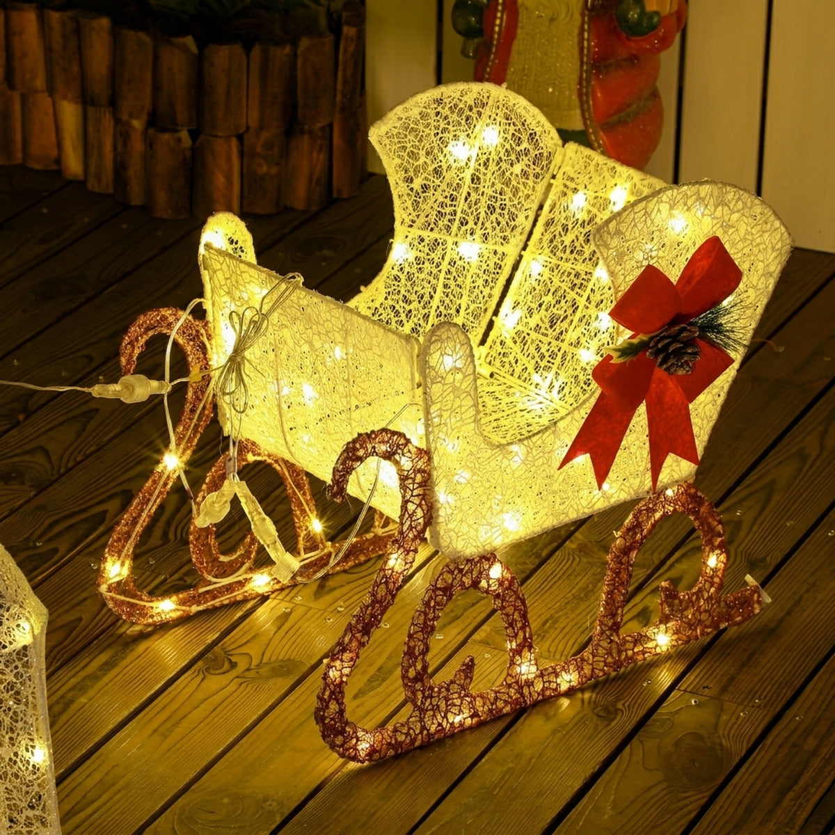 Outsunny 170 LED Lighted Christmas Reindeer Sleigh Ornament, White and Red, Christmas Decoration for Home and Garden