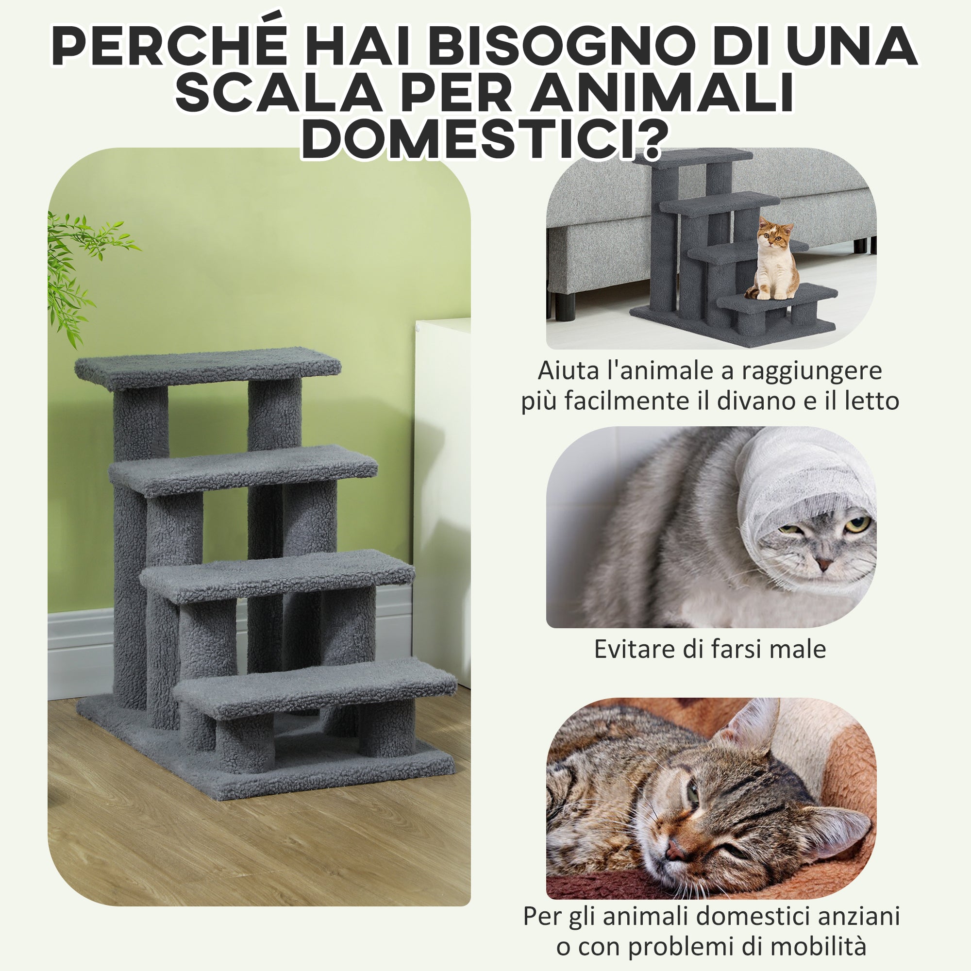 4-Step Ladder for Dogs and Cats with Plush Cover, 61x41x60 cm, Gray