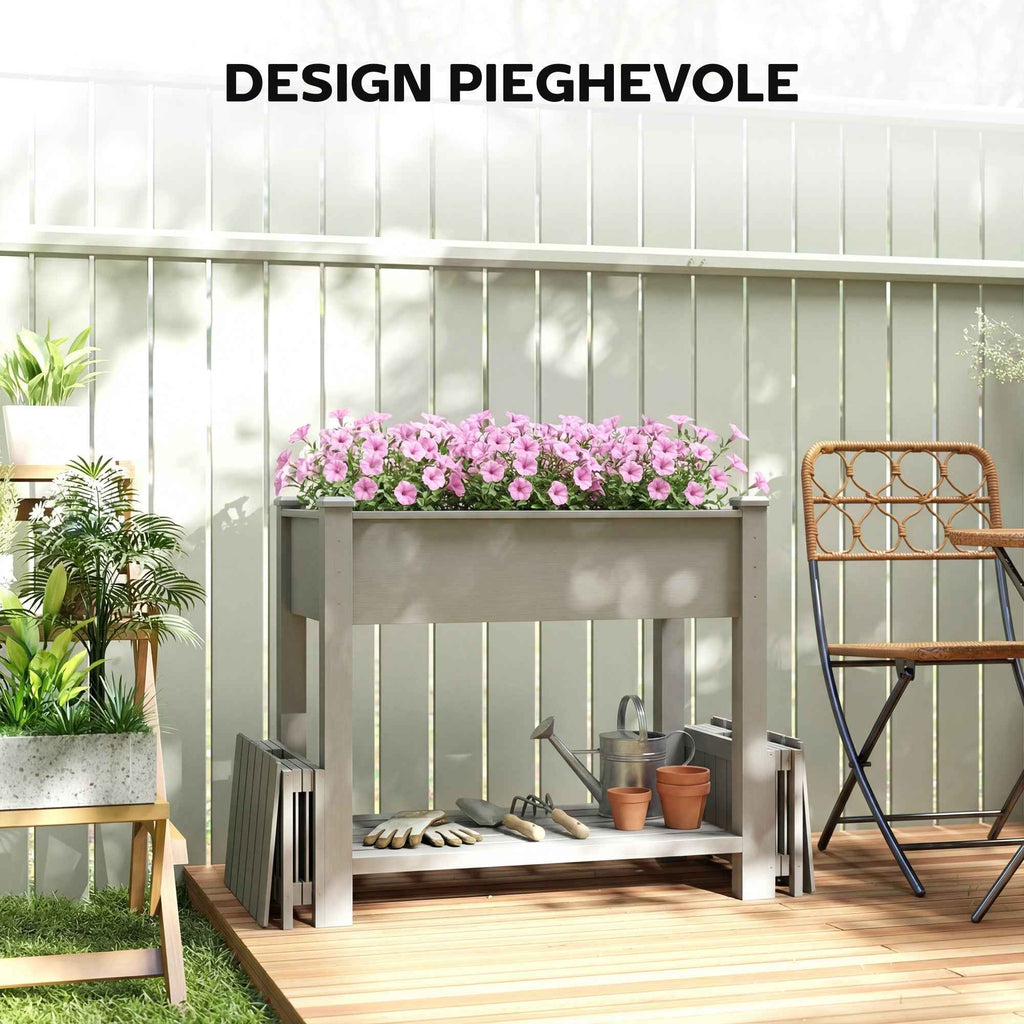 Outsunny Raised Planter with 2 Side Pots and Tool Shelf, in Fir Wood, 149x46x76 cm, Grey