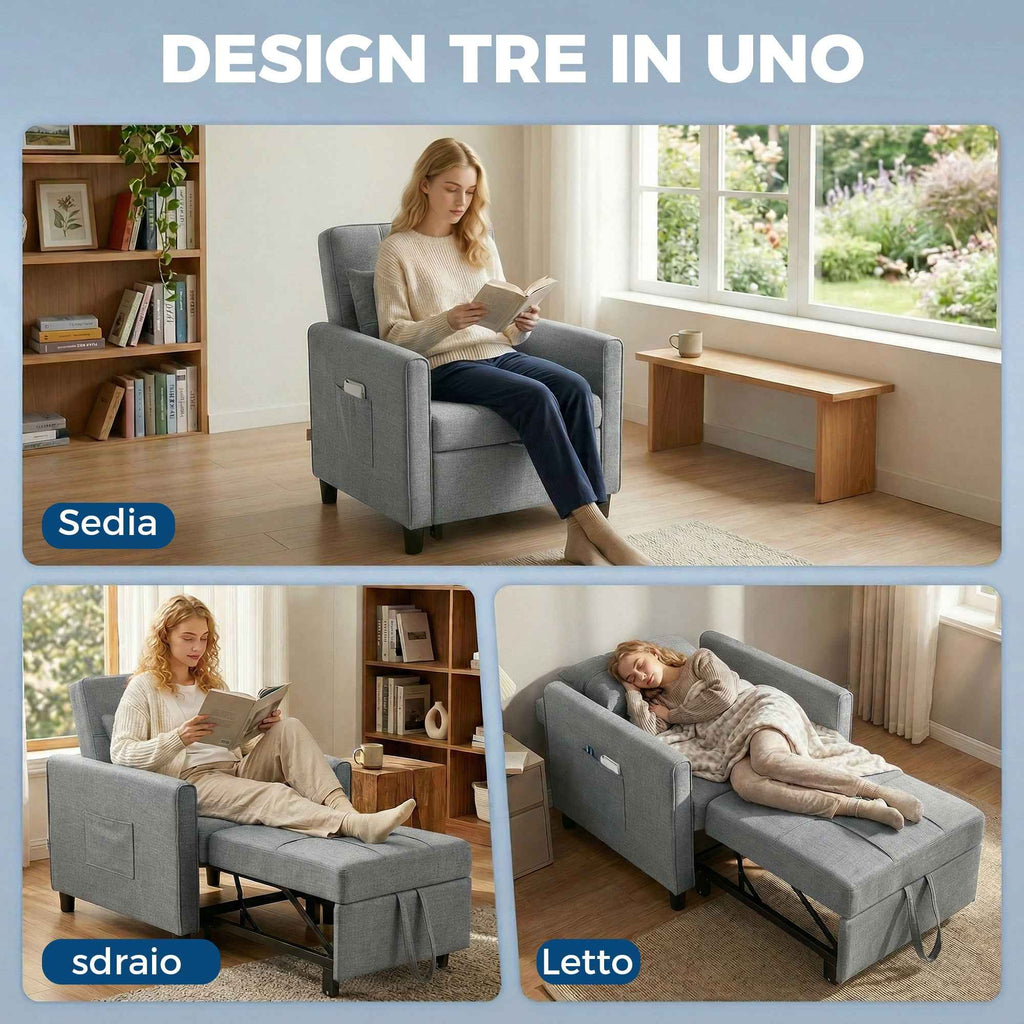 Folding Convertible Sofa Bed with Adjustable Backrest and Cushion, Grey