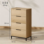 4-Drawer Chest of Drawers Anti-Tip with Black Handles, in Wood and Metal, 62x35x105 cm, Light Brown