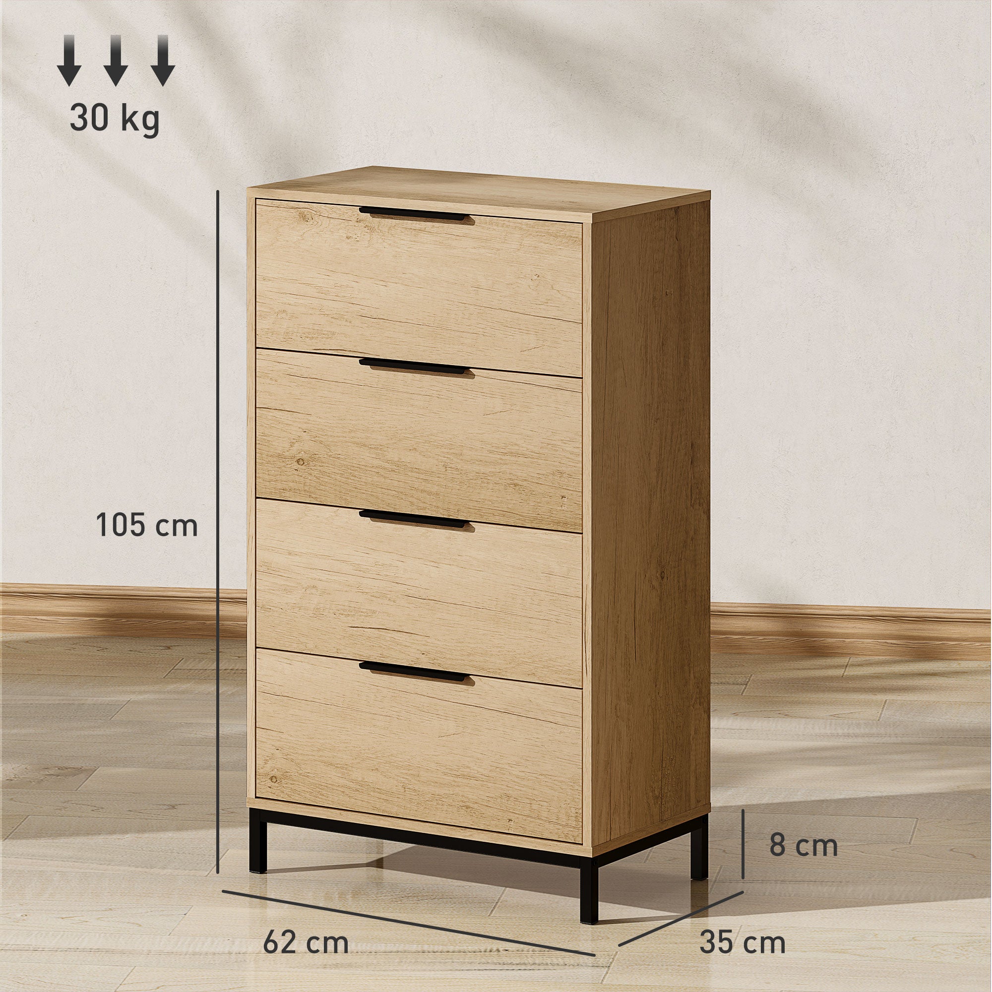 4-Drawer Chest of Drawers Anti-Tip with Black Handles, in Wood and Metal, 62x35x105 cm, Light Brown