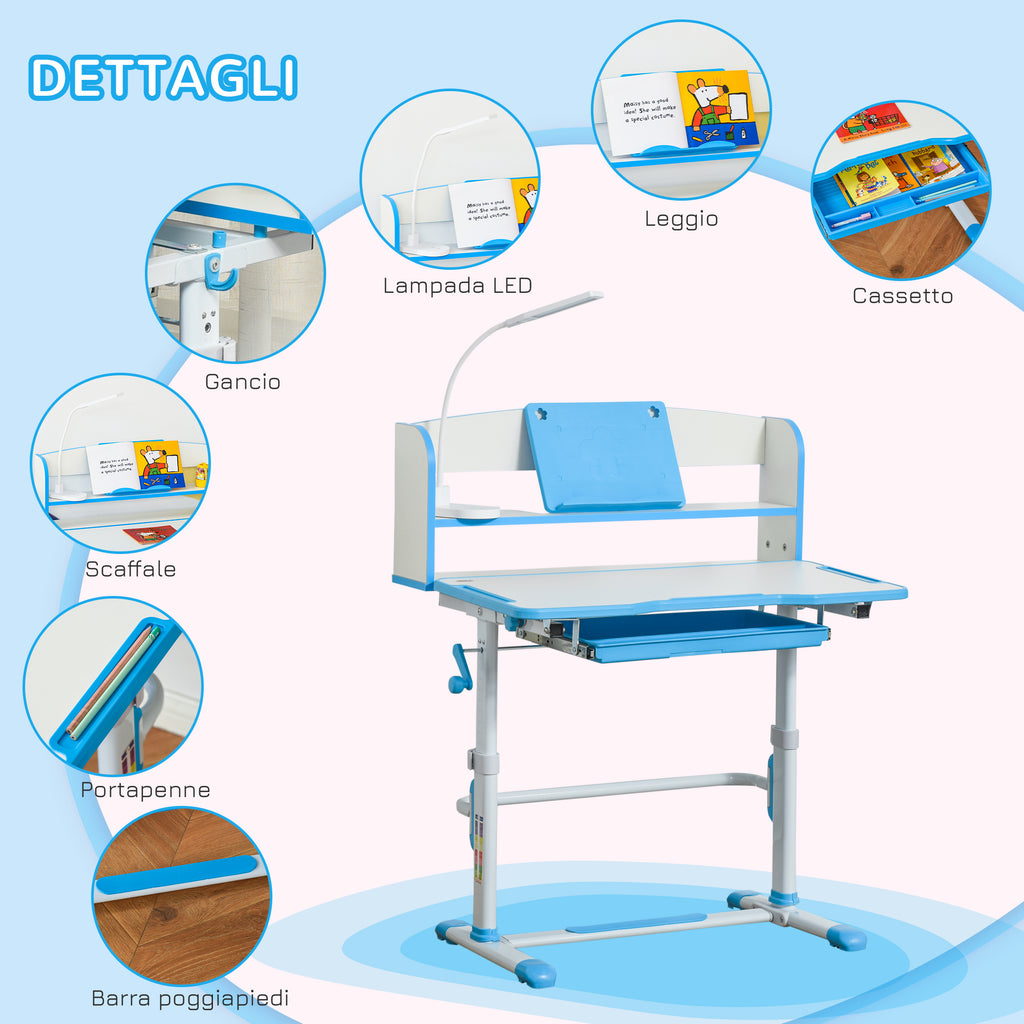 Children's Desk 6-12 Years Adjustable with LED Light, Lectern and Pen Holder, in MDF, PP and Steel, Blue