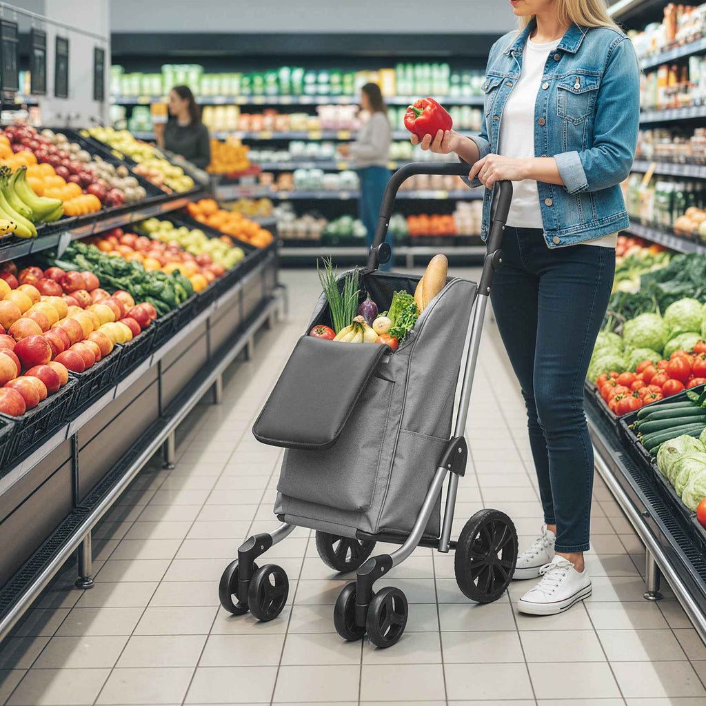 HOMCOM Folding Aluminum Shopping Cart with Wheels, 46L Bag, Refrigerated Compartment, Adjustable Handle, Gray