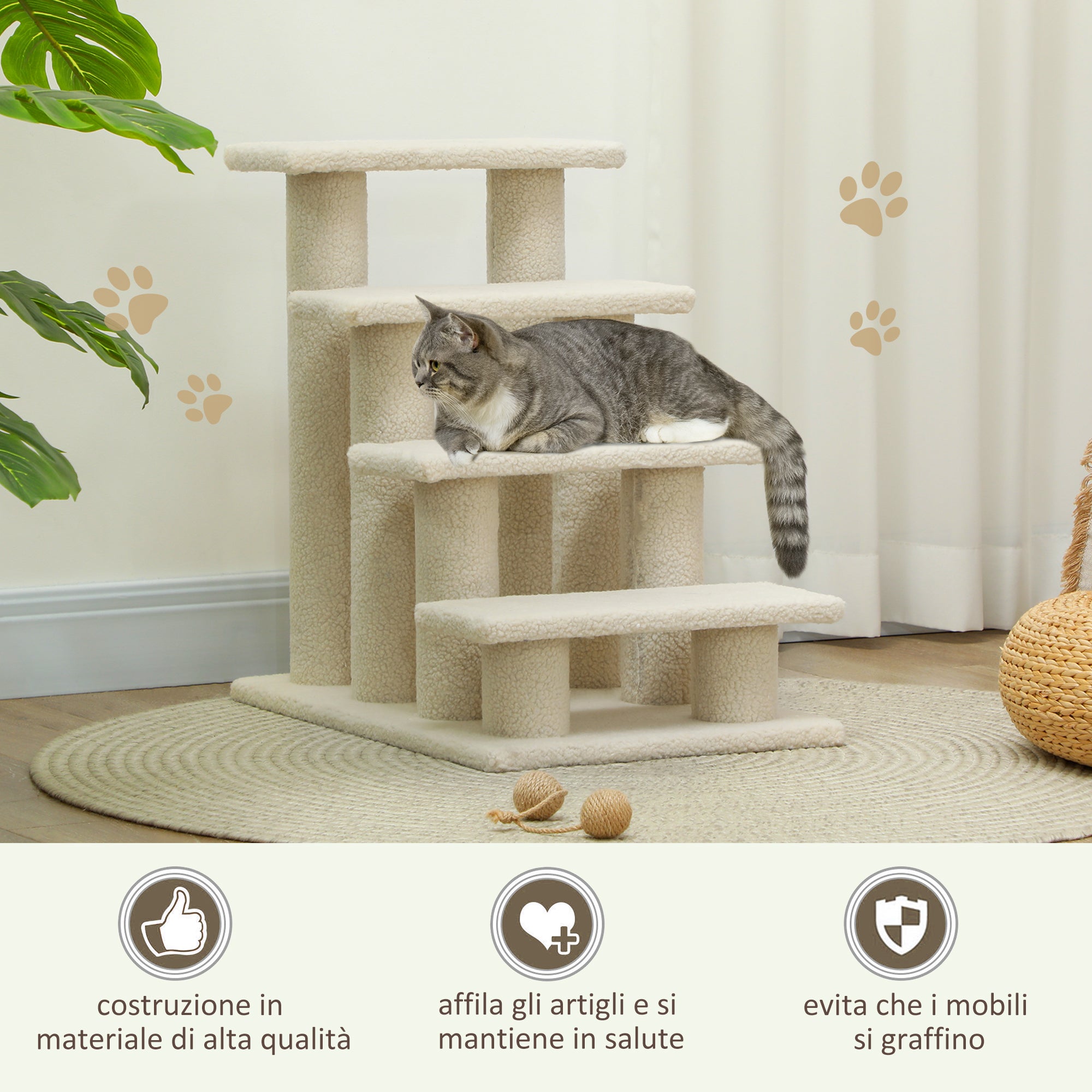 4-Step Plush Dog and Cat Ladder, Non-Slip Pet Steps for Cats and Dogs, Puppy Steps for Bed and Sofa, 61x41x60cm Cream