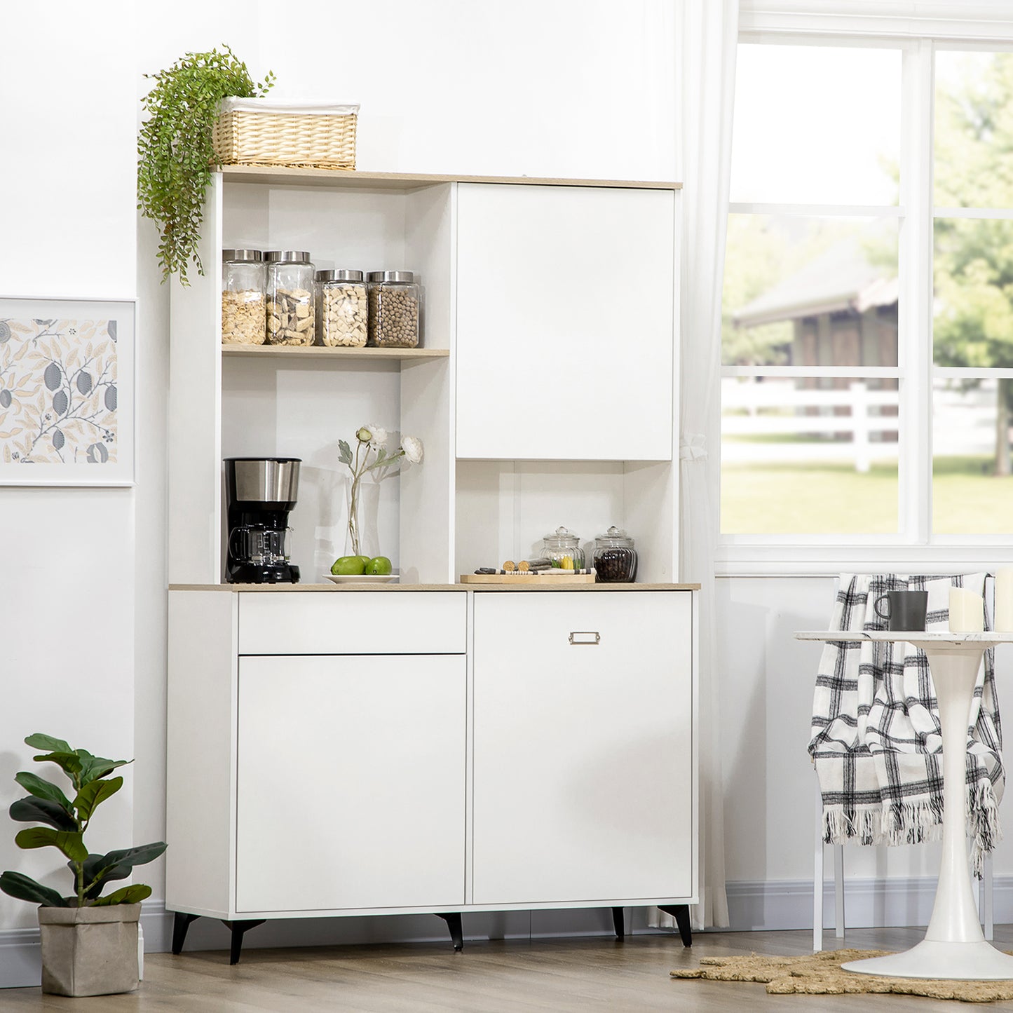 Kitchen Pantry in Chipboard and MDF with Open Shelves, Cabinets and Drawer, 119x41x180 cm, White