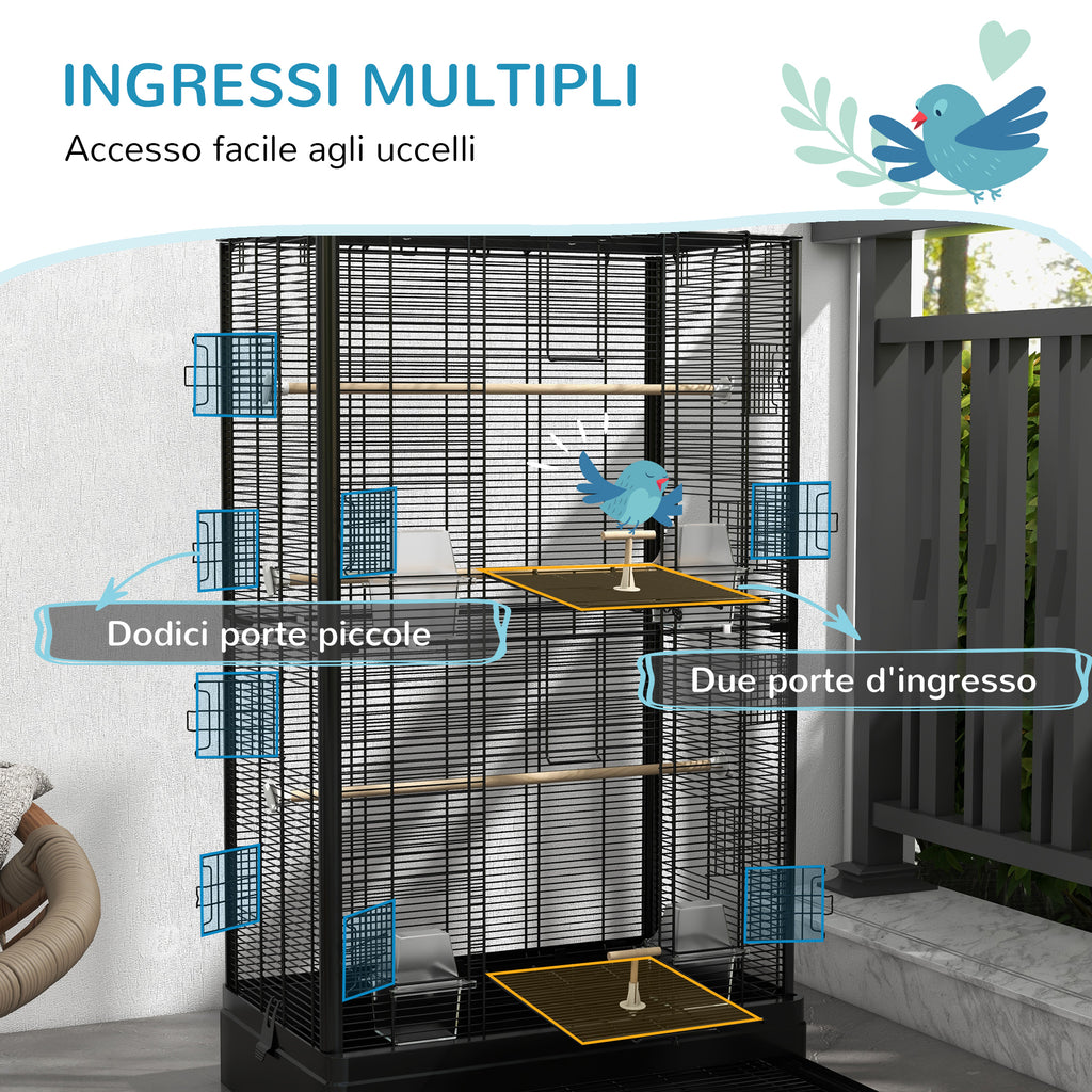 Bird Cage with Removable Tray and Perches, Parrot Aviary, 61x36.5x98cm, Black