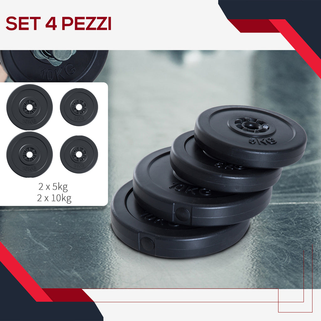Set of 4 Weight Plates for Barbell and Dumbbells Total Weight 30kg, 2x5kg and 2x10kg, Black