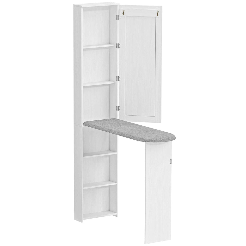 HOMCOM 6-Tier Folding Ironing Board with Mirror and 2 Hooks, Made of Wood and Polyester, 107x35x174 cm, White