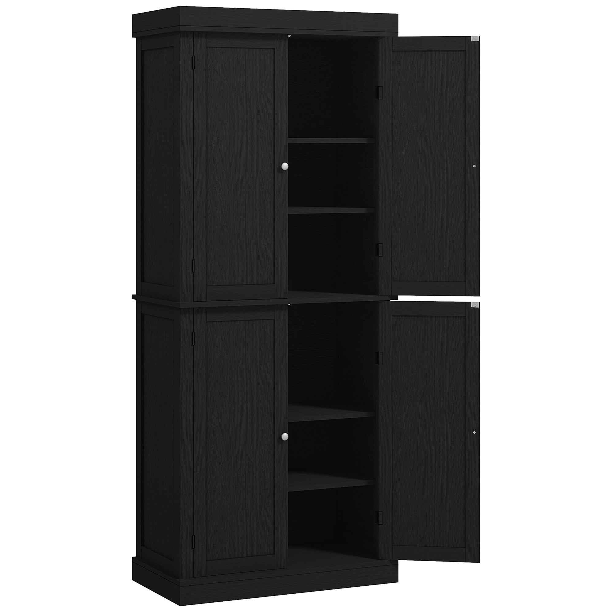 HOMCOM Tall Kitchen Cabinet with 6 Adjustable Shelves and 4 Wooden Doors, 76x40.5x184 cm, Black