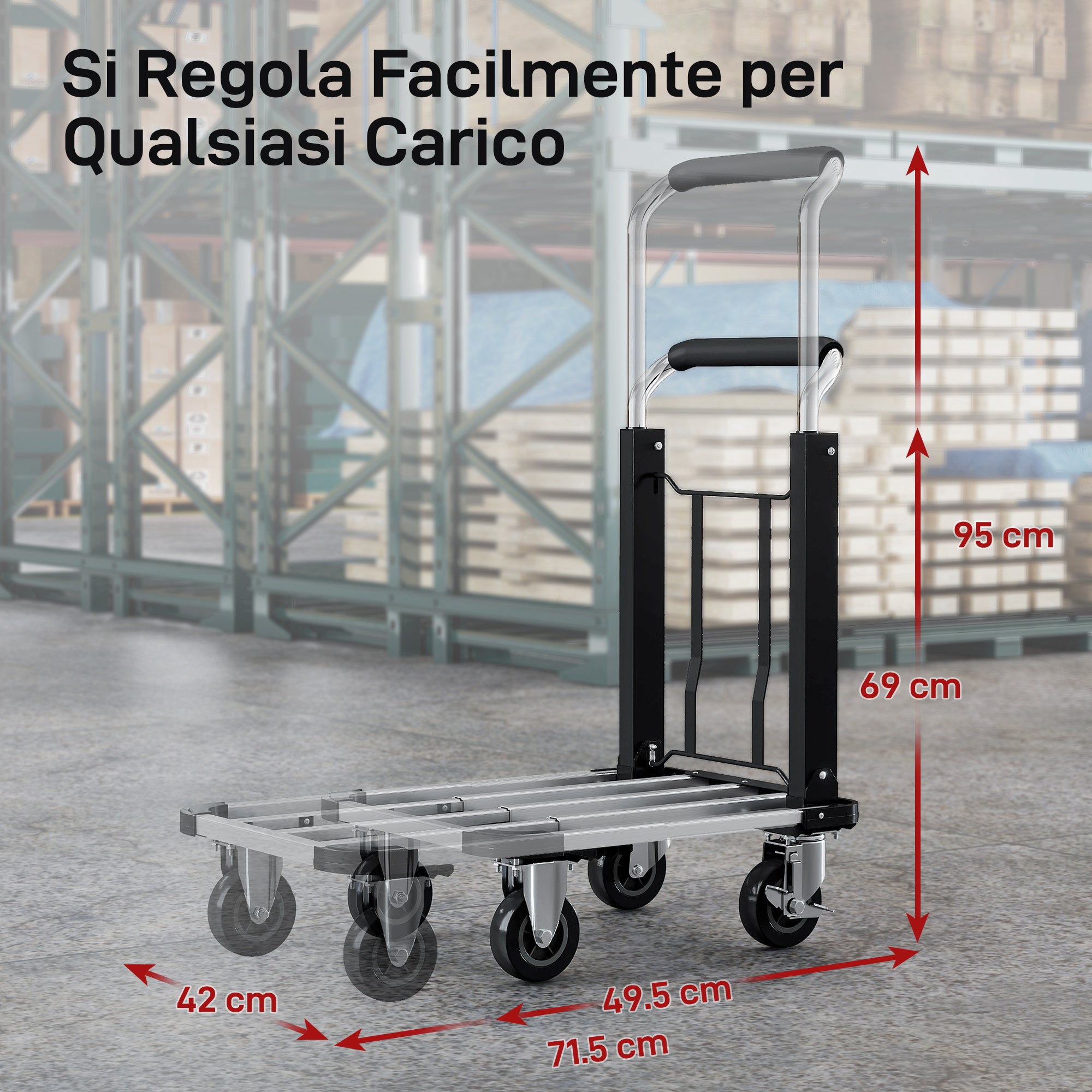 Folding Luggage Cart with Extendable Platform, 150 kg Capacity, Adjustable Handle, Silver