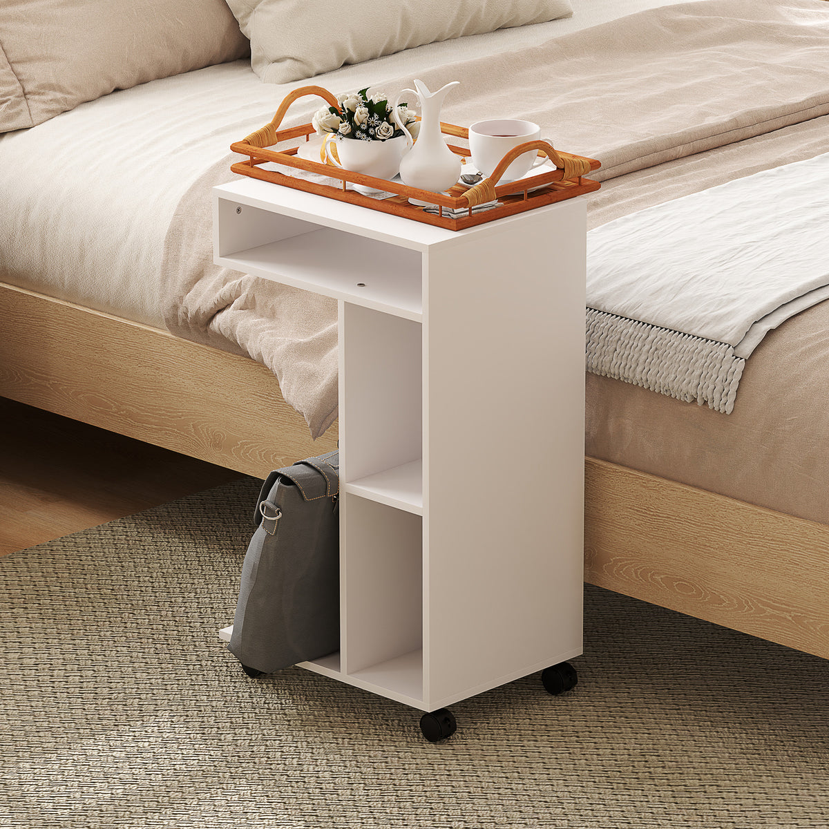 HOMCOM C-Shaped Wooden Coffee Table with Wheels and Open Shelf, 40x30x69 cm, White