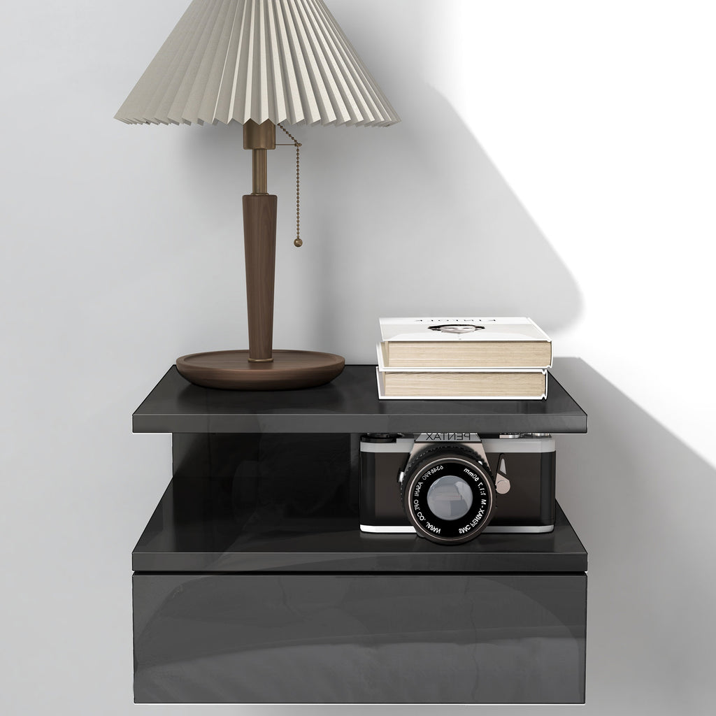 Set of 2 Modern Floating Bedside Tables with Drawer and Wooden Shelf 35x32x22.5cm, Glossy Black