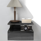 Set of 2 Modern Floating Bedside Tables with Drawer and Wooden Shelf 35x32x22.5cm, Glossy Black