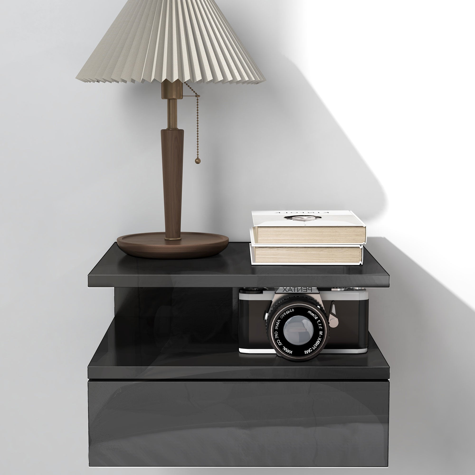 Set of 2 Modern Floating Bedside Tables with Drawer and Wooden Shelf 35x32x22.5cm, Glossy Black