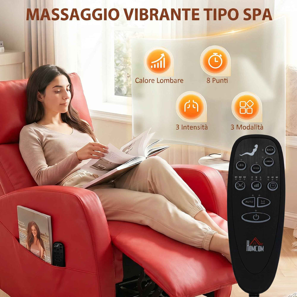 HOMCOM PU Leather Reclining Massage Chair with Heated Footrest and Remote Control, Red