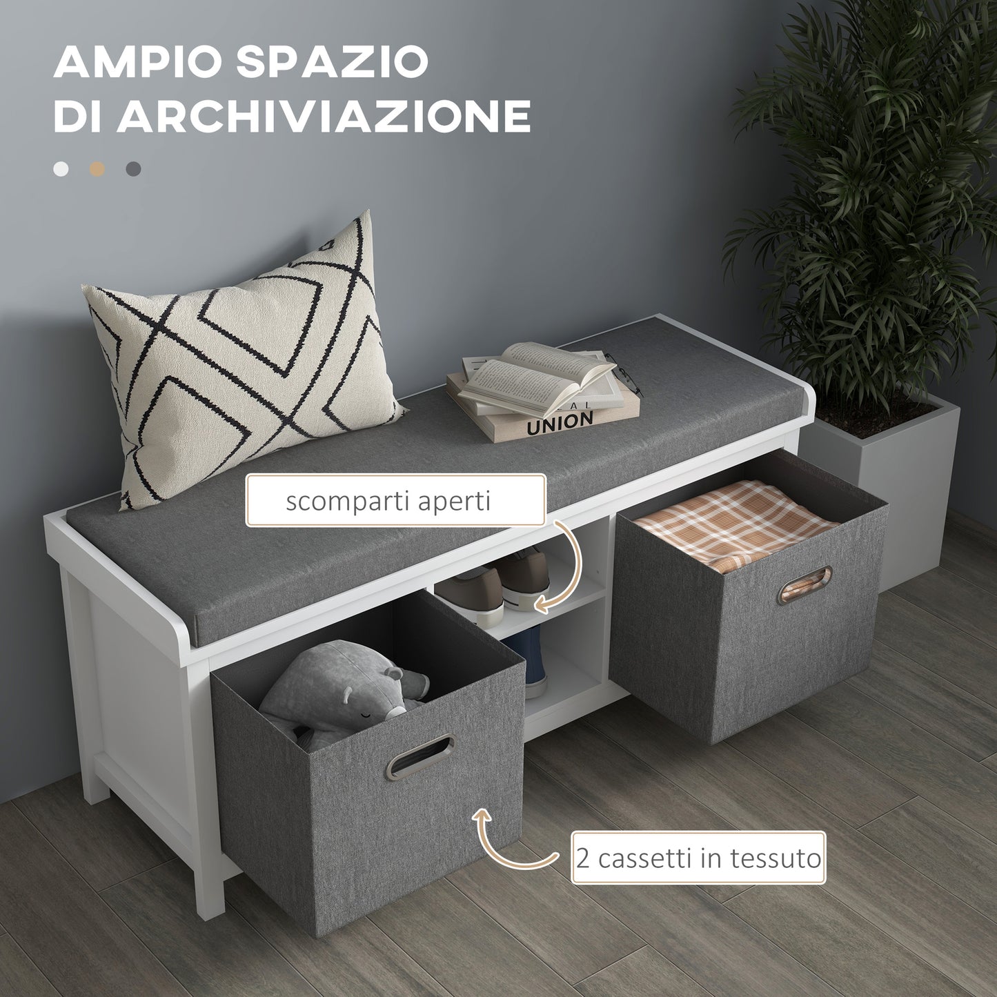 HOMCOM Shoe Bench with 3-Level Adjustable Shelf and 2 Drawers, in Chipboard, 105x35x47 cm, White and Gray - Borgè