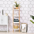 Ladder Bathroom Shelf with 4 Shelves in Pine and Bamboo, 35x36x138.5 cm, White and Wood