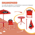 Garden Table and 2 Folding Chairs Set, Outdoor Table and Chairs with Umbrella for Children in Metal and Polyester, Red