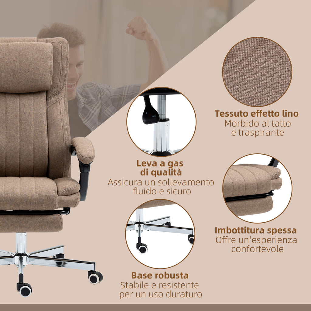 Massage Office Chair with Footrest and Remote Control, in Linen Effect Fabric, 65x61x105-113 cm, Brown