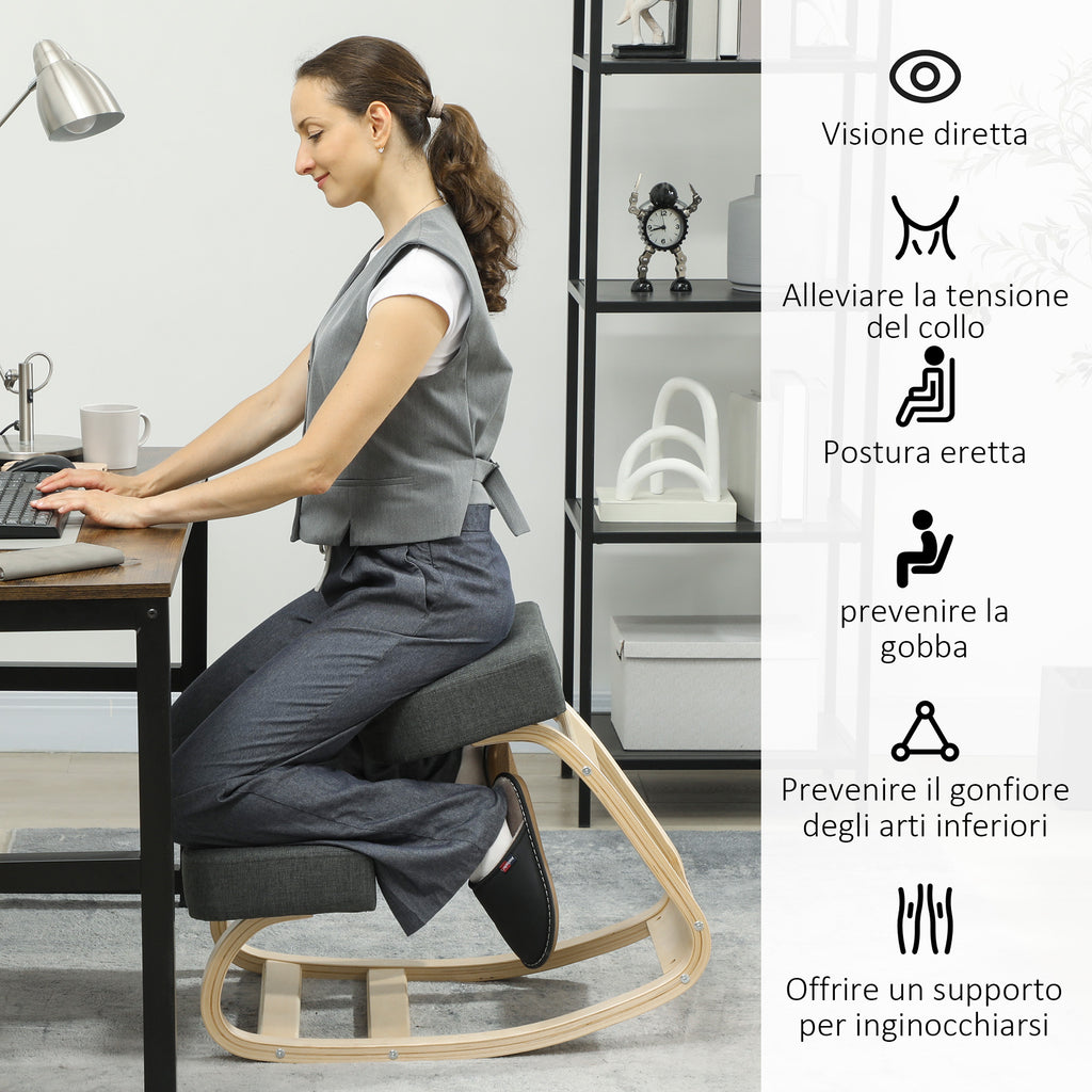 Ergonomic Kneeling Chair in Birch Wood and Cushion, 51x69x58 cm, Grey
