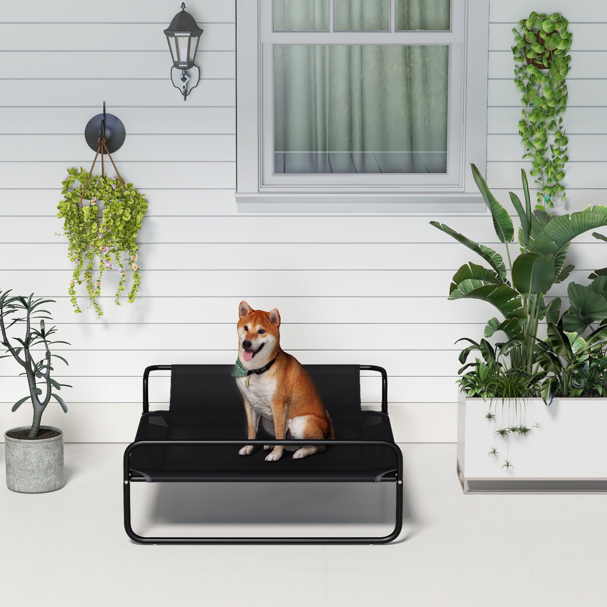 PawHut Raised Dog Bed with Indoor and Outdoor Headrest, 106x81x33 cm, Black