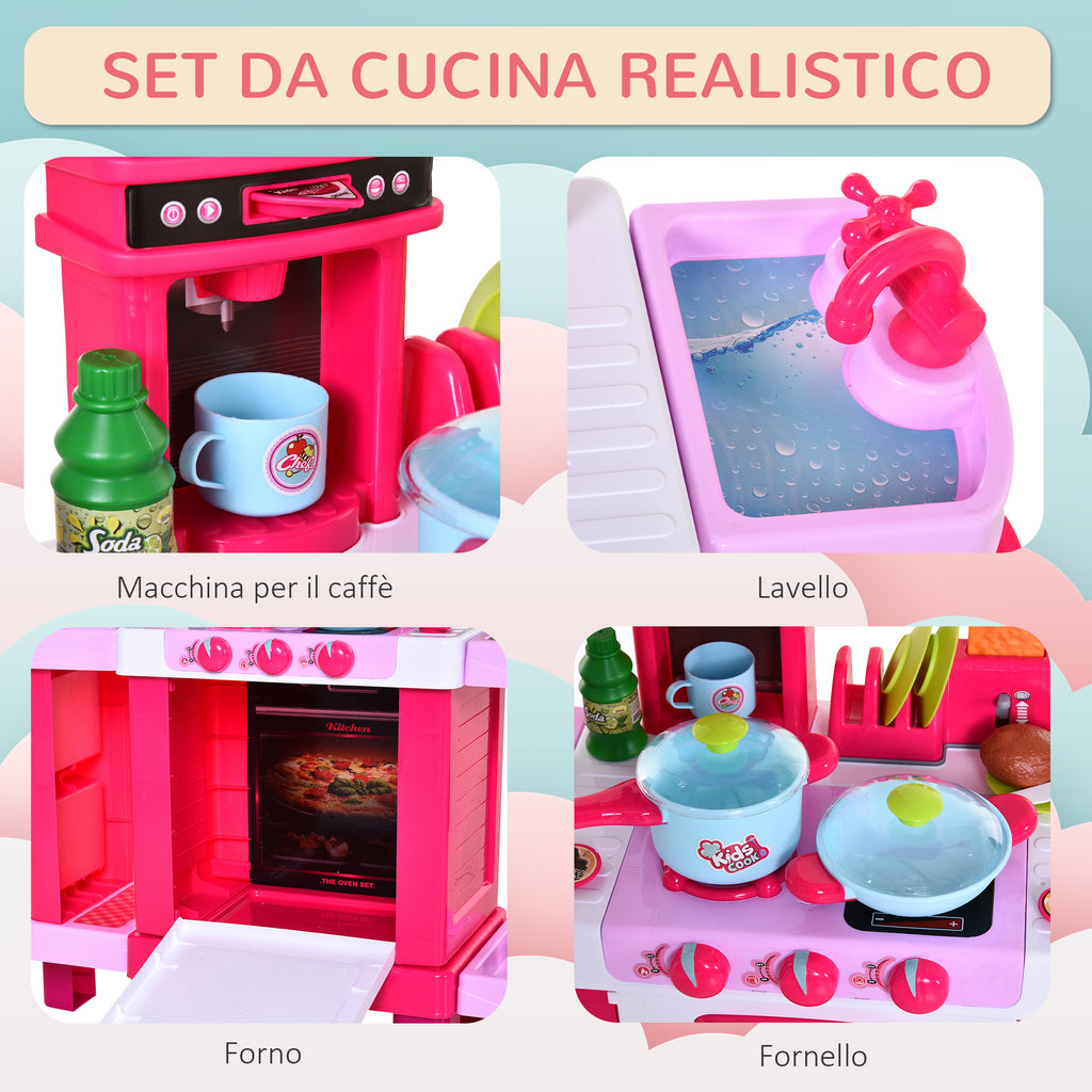 Homcom Kitchen for children with 38 accessories included, game with realistic lights and sounds, 78x29x87cm, pink - Borgè