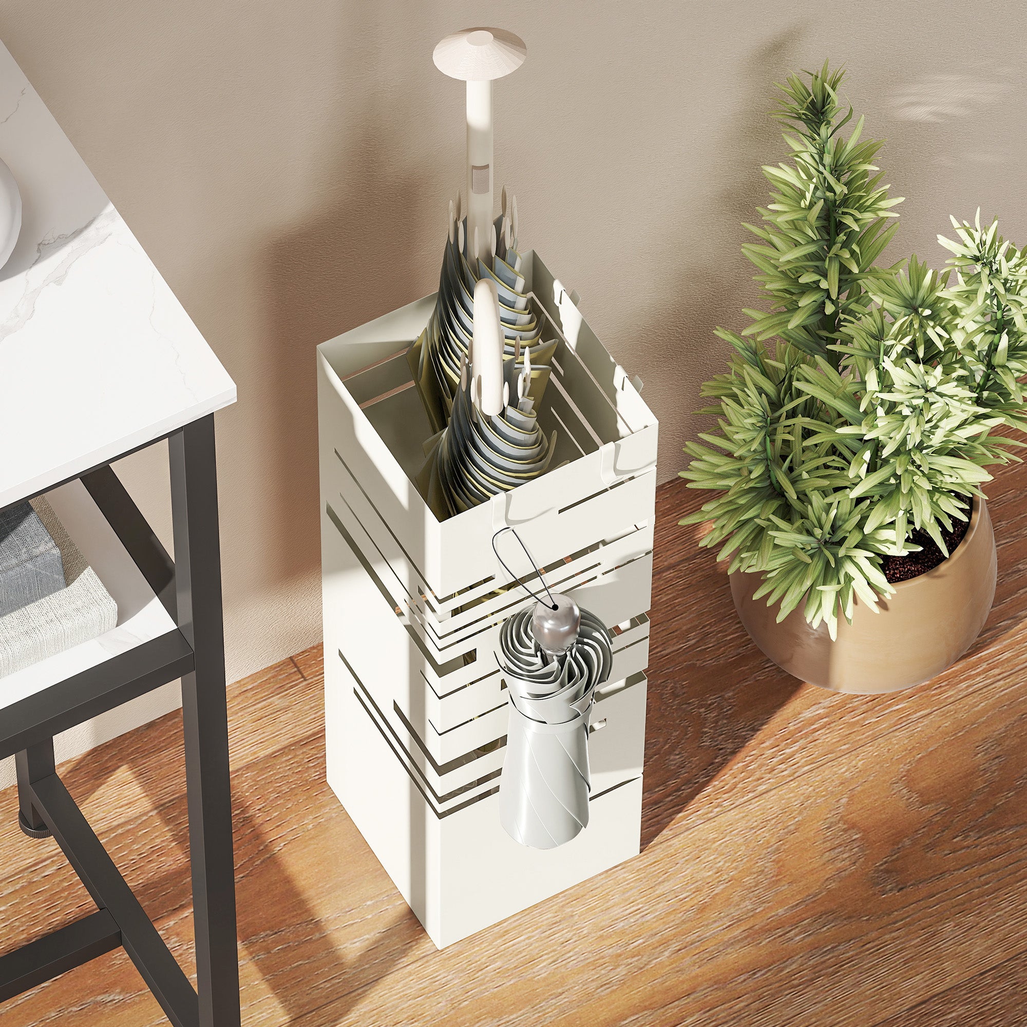 HOMCOM Freestanding Square Metal Umbrella Stand with 4 Hooks, Beige