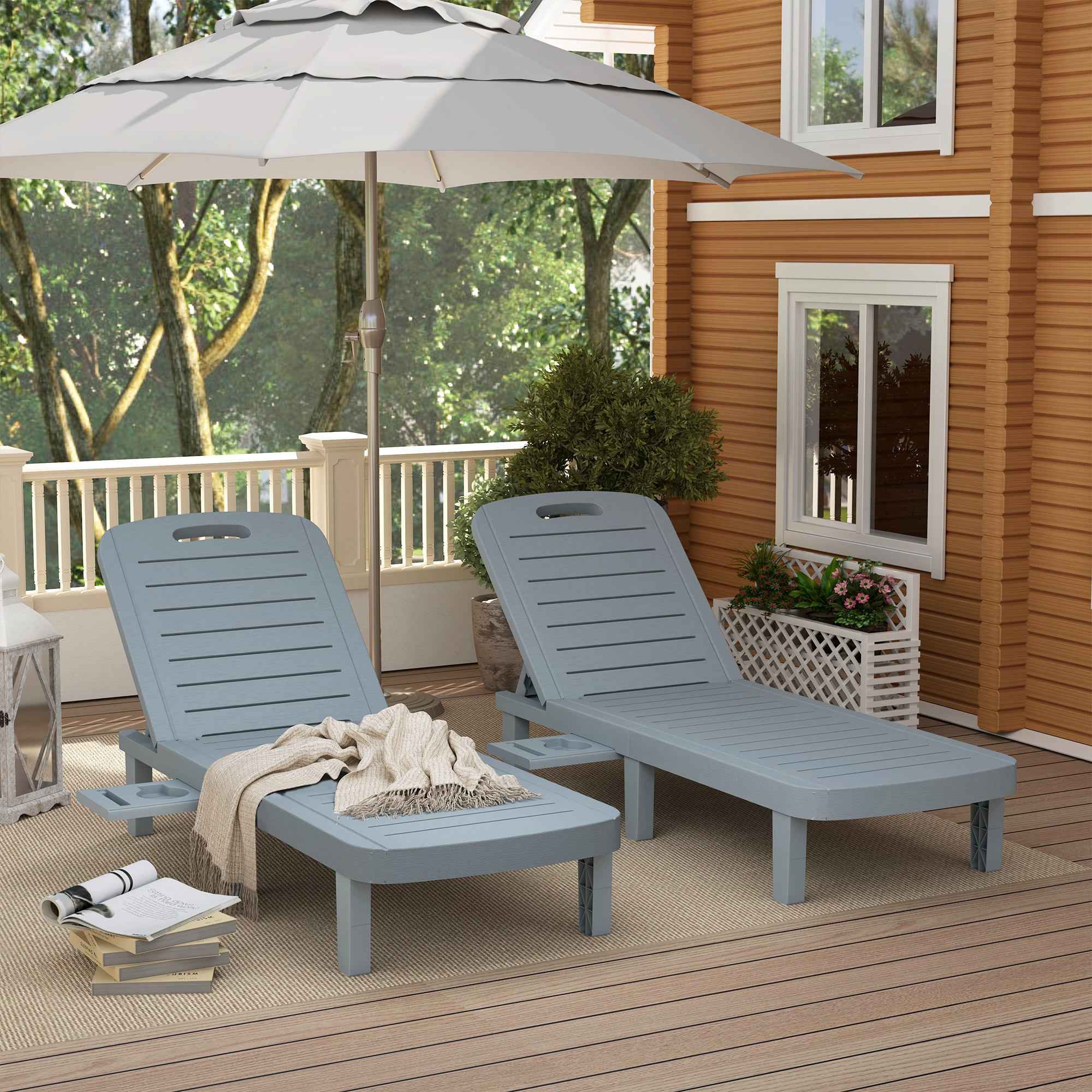 Outsunny Set of 2 Sun Loungers with Adjustable Backrest and Trays, in Polypropylene, 62x158x88 cm, Dark Grey