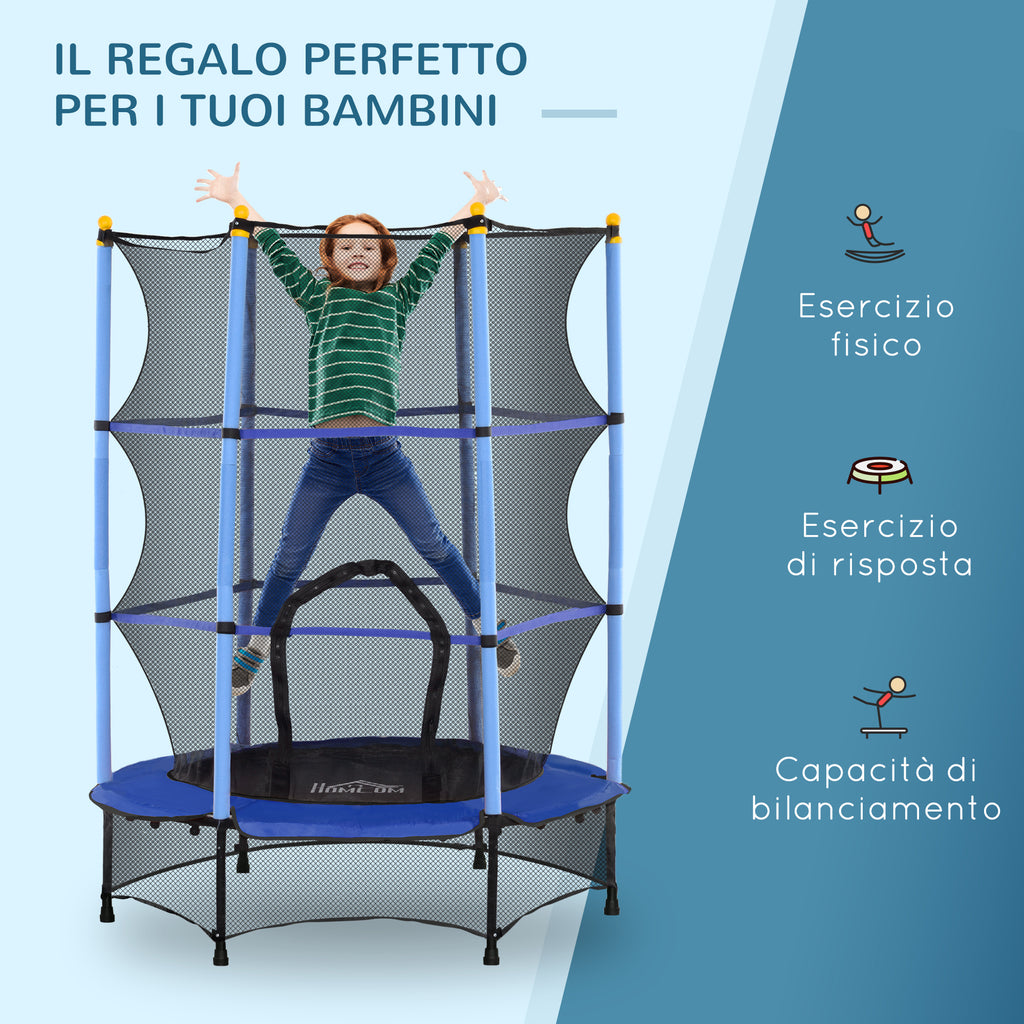 Children's Trampoline with Safety Net and Padded Poles Ages 3-10 Years, Ø140 x 190 cm, Blue