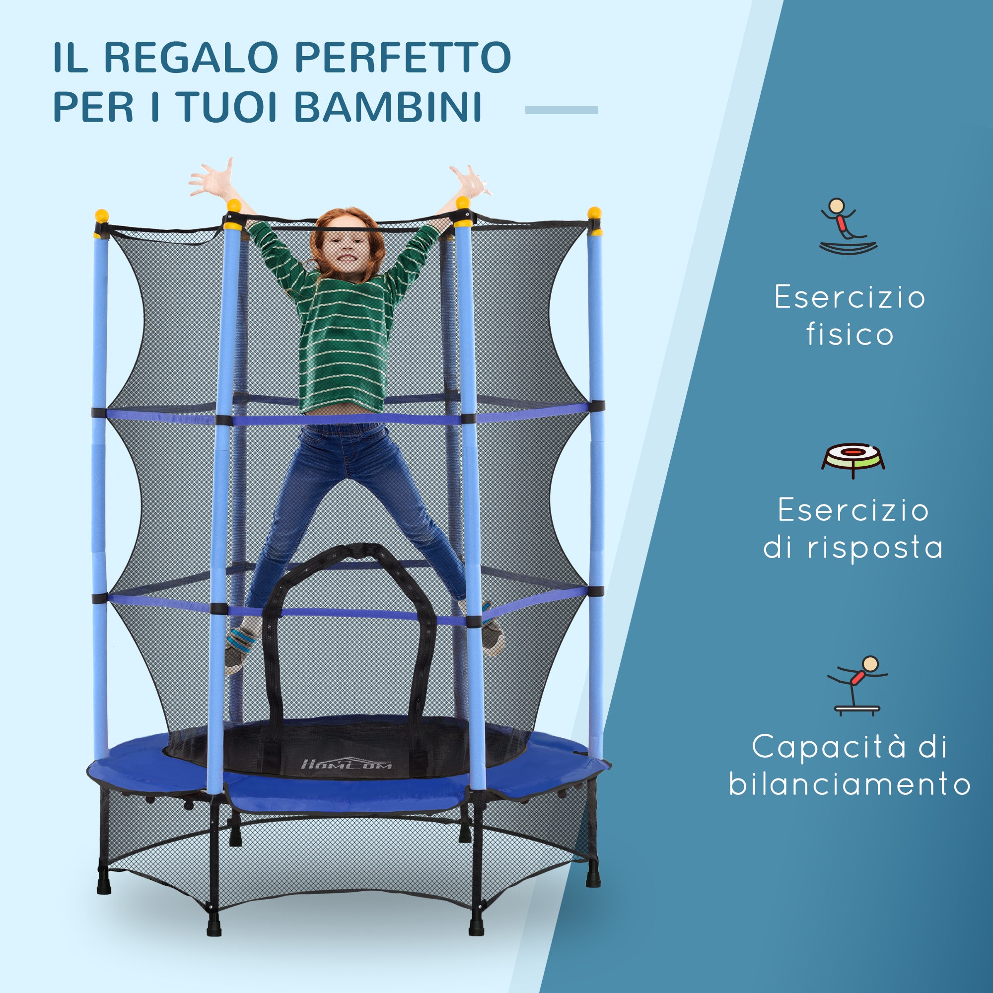 Children's Trampoline with Safety Net and Padded Poles Ages 3-10 Years, Ø140 x 190 cm, Blue