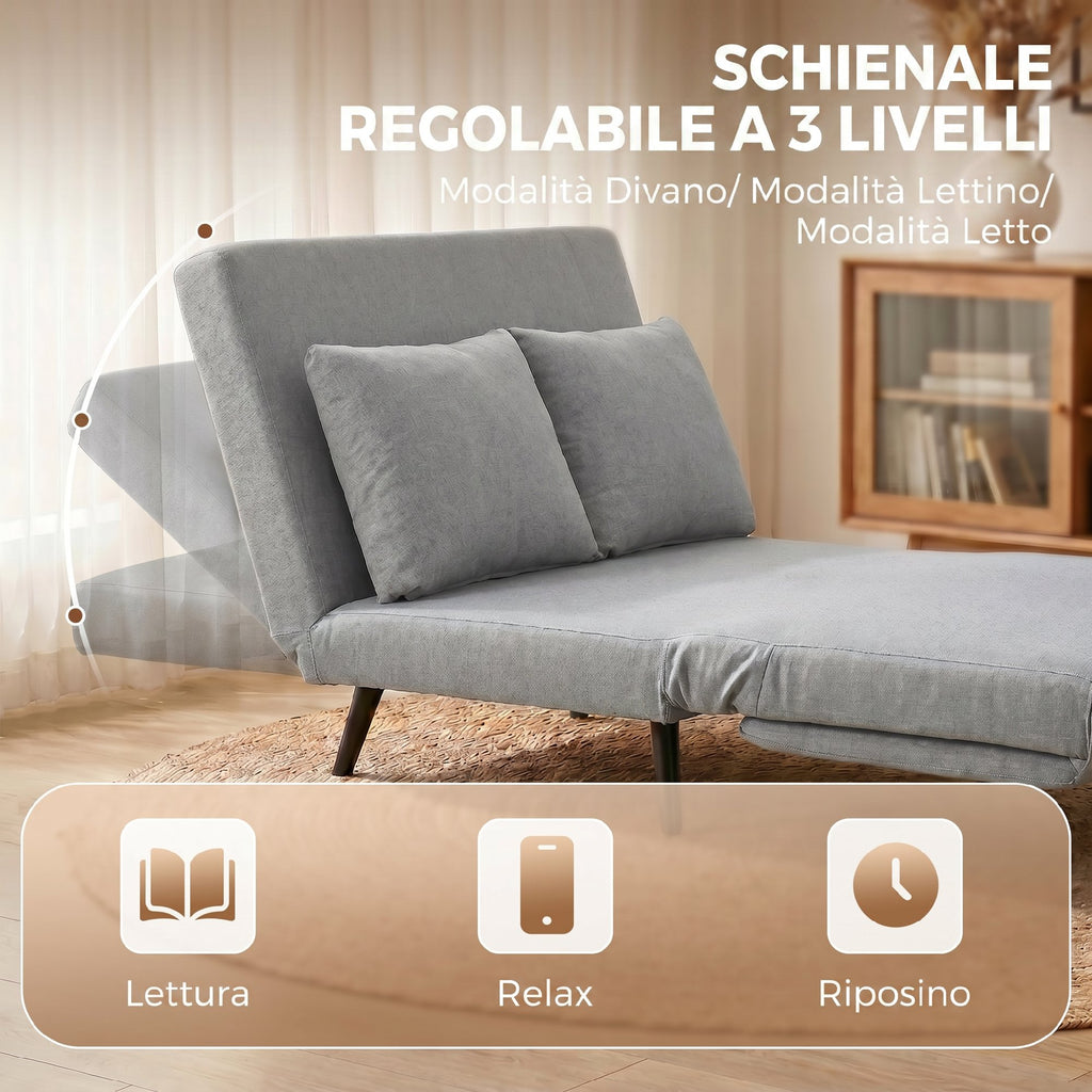 HOMCOM 3-in-1 2-Seater Sofa Bed in Linen Effect Fabric with 2 Cushions, Wood and Steel Frame, Light Grey