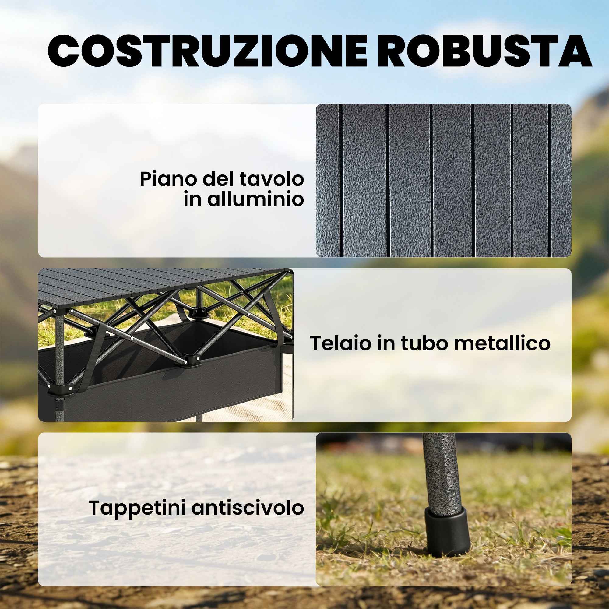 Outsunny Folding Camping Table with Metal Frame, Storage Net and Bag, 93x55x68 cm, Black