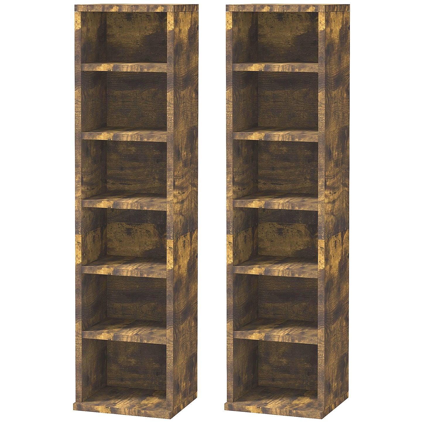 Set of 2 Bookcases CD Rack with 6 Shelves, Height Adjustable, Wooden, 21x19.2x88.3 cm, Brown