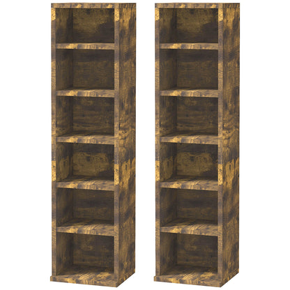 Set of 2 Bookcases CD Rack with 6 Shelves, Height Adjustable, Wooden, 21x19.2x88.3 cm, Brown