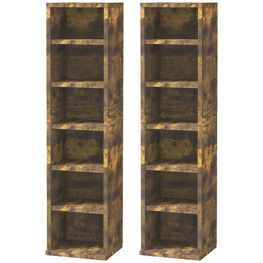 Set of 2 Bookcases CD Rack with 6 Shelves, Height Adjustable, Wooden, 21x19.2x88.3 cm, Brown