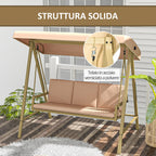 3-Seater Swing with Tilting Canopy and Cushions, in Steel and Textilene, 200x125x175 cm, Beige and Brown