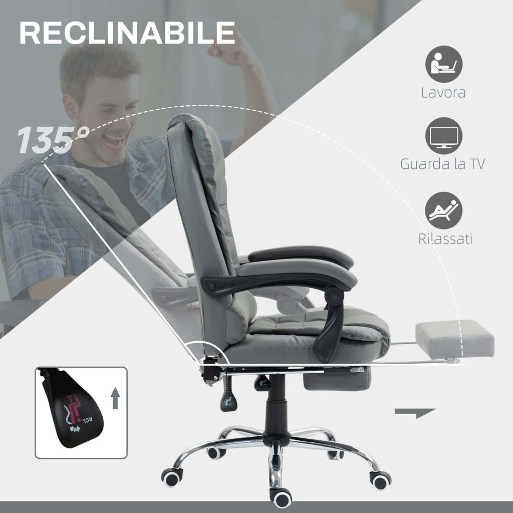 Ergonomic Office Chair 145° Reclining with Pull-Out Footrest in Faux Leather, Grey