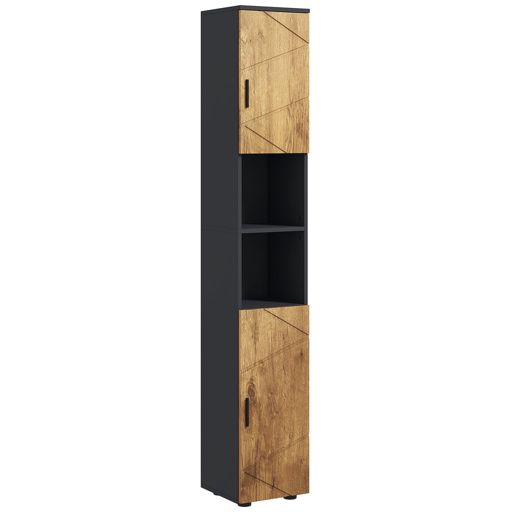kleankin Chipboard Bathroom Column with 2 Open Shelves and 2 Double-Tier Cabinets, 30x30x183 cm, Oak
