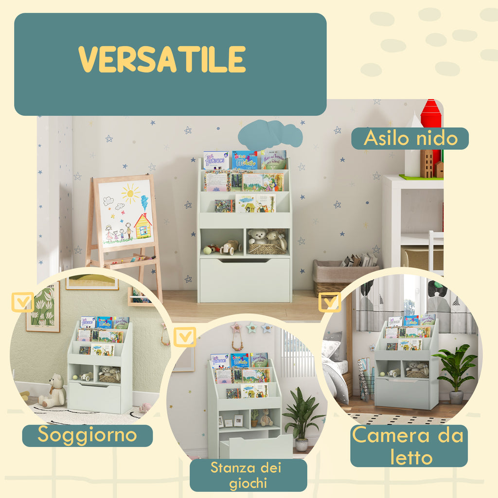Small Children's Bookcase with MDF Shelves and Drawer, 60x29.9x90cm, Green