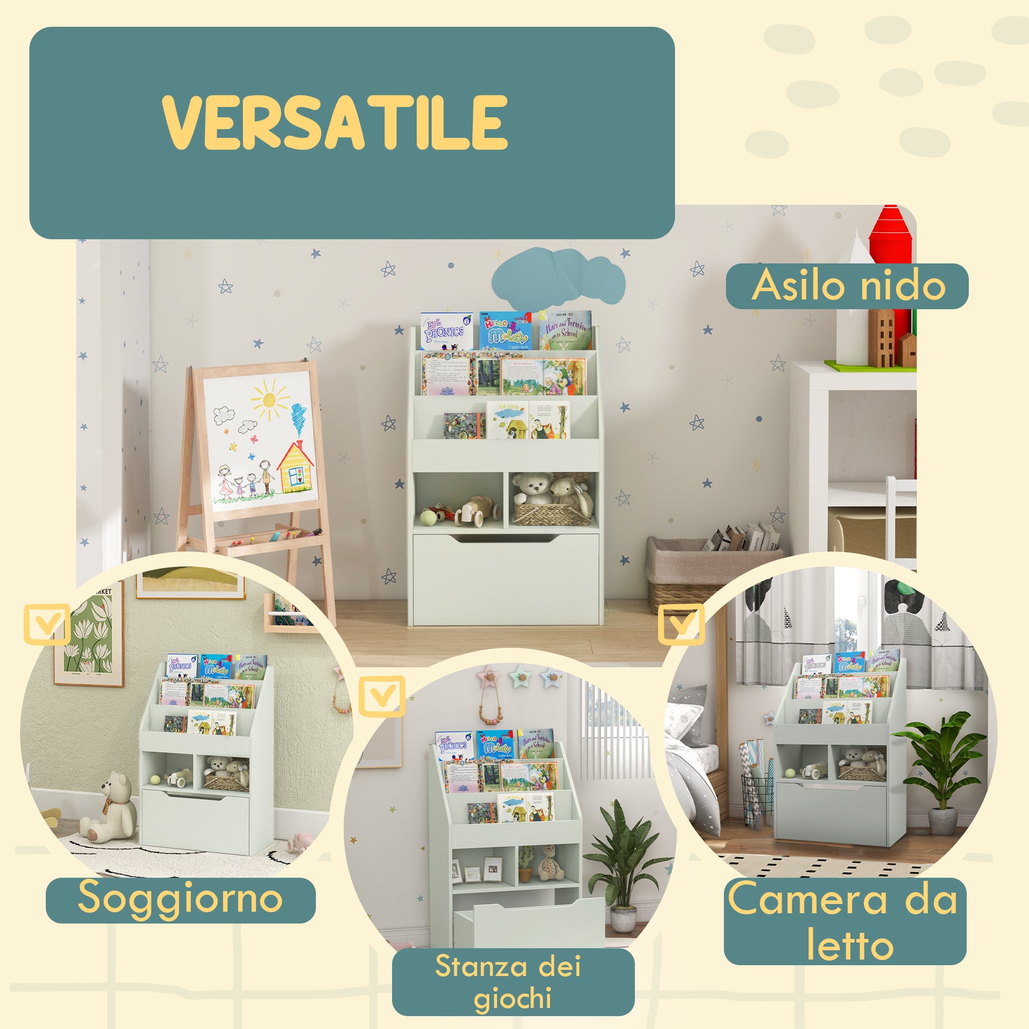 Small Children's Bookcase with MDF Shelves and Drawer, 60x29.9x90cm, Green