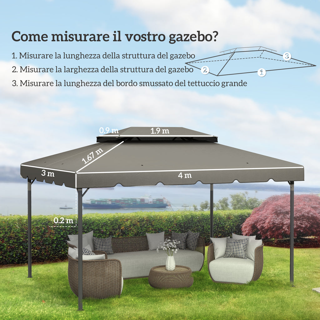 Outsunny 3x4m 2-Tier Gazebo Roof with 8 Drainage Holes in Light Grey Polyester