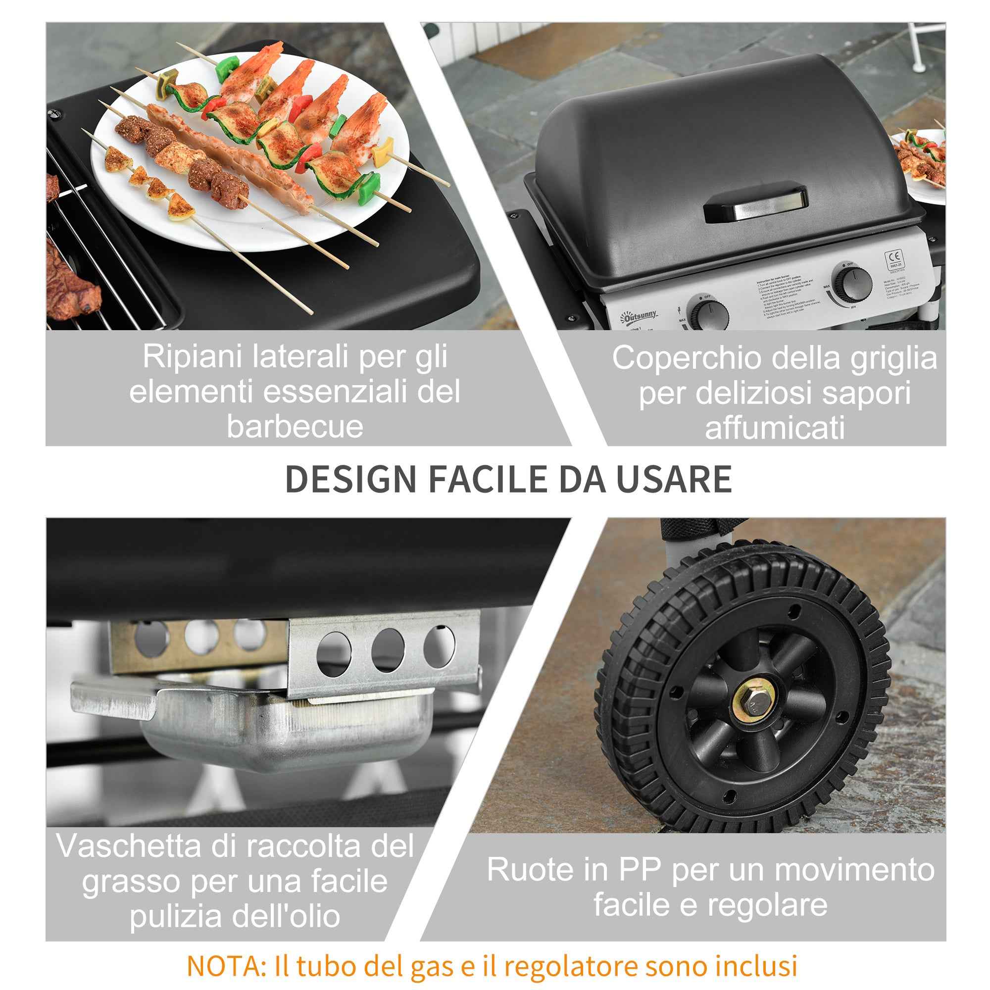 Outsunny Gas Barbecue with Lid, 5.6kW Burners, BBQ and Wheels, 104x49x99cm