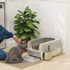 Cat Litter Box with Step, Scoop and Storage Box, in Stainless Steel and ABS, 60.2x40.6x29 cm, Light Grey